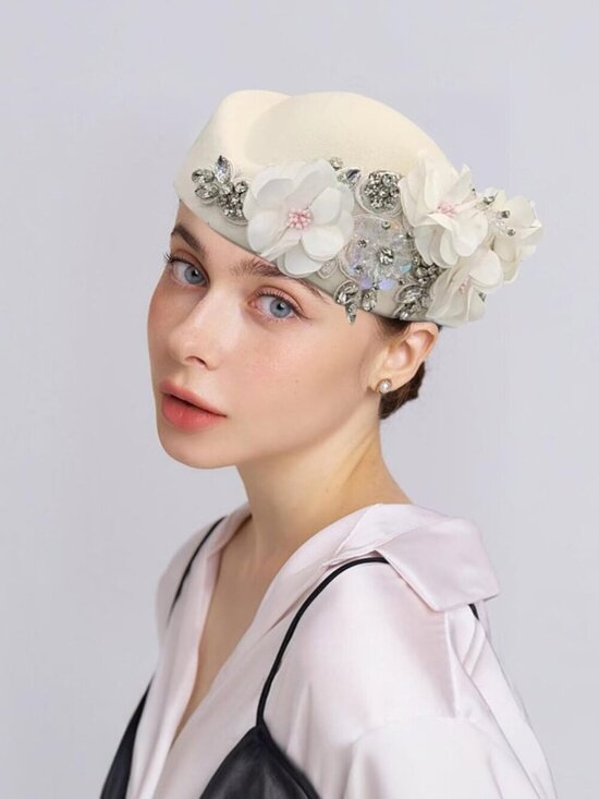Women\'s British Felt hat Church Derby Headdress Floral Beret hat White main image 5